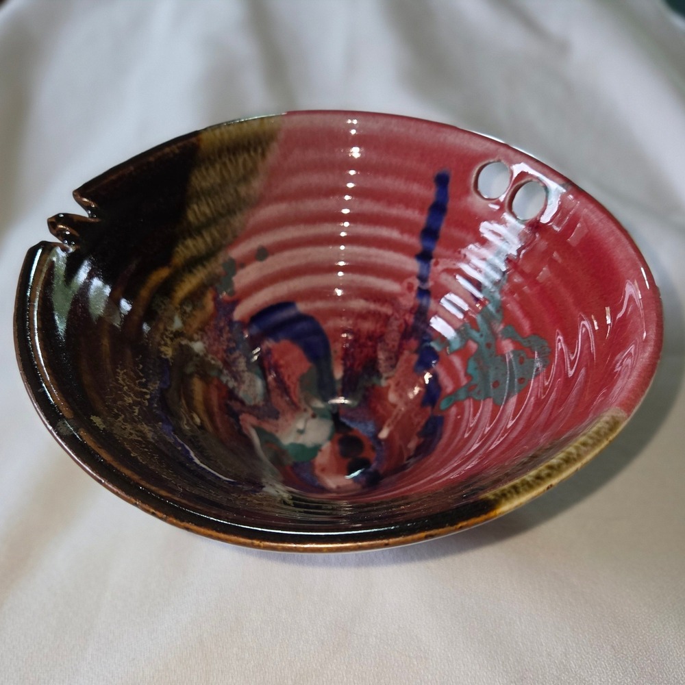 Unbranded Rice Bowl w Chopstick Holder Artisan Ceramic Drip Glaze Pottery